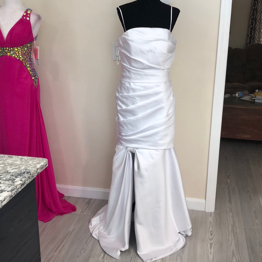 White satin front slit wedding gown